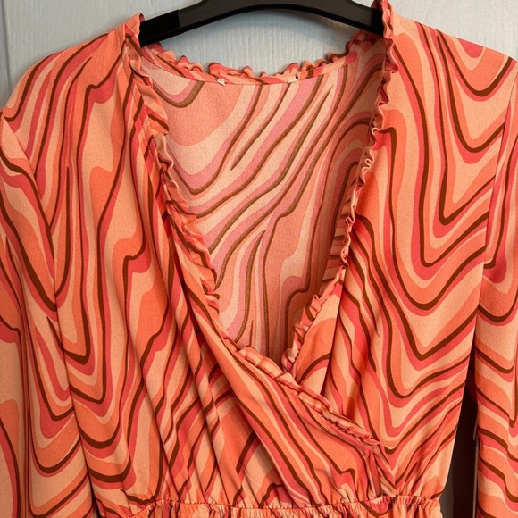 NWT Dex Tiered Midi Dress Sz  XS Coral Swirl Psychedelic Funky Hippie Wrap Front - Picture 4 of 16